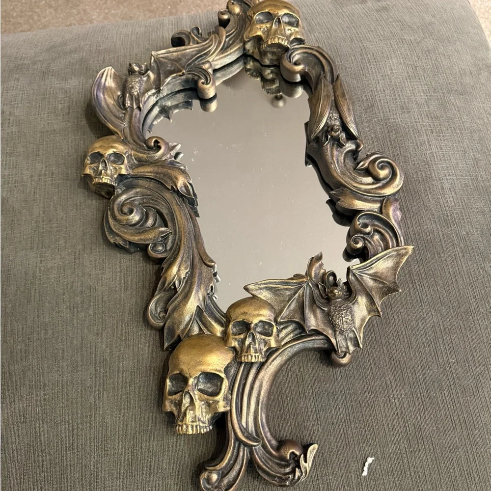 Ornate Gothic Skull & Bat Wall Mirror - Antique Bronze Finish